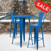 Flash Furniture CH-51080BH-2-30CAFE-BL-GG 24" Round Metal Bar Table Set with 2 Cafe Barstools Set in Blue
